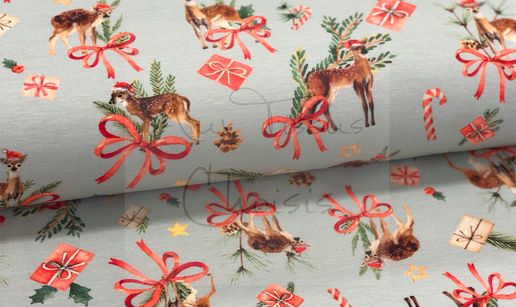 Christmas fawn: kaki pâle, coton lycra Noël (euroknit)