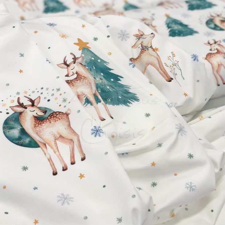 Christmas deer: blanc, panneau coton lycra Noël (euroknit)