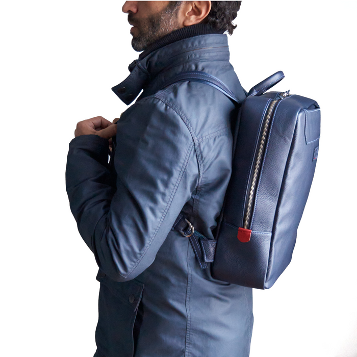 Navy blue leather clearance backpack