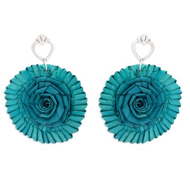 Sacred heart earrings with mega woven flower in natural palm