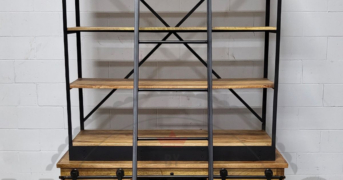 Farmhouse style mango wood shelf with sliding doors with ladder