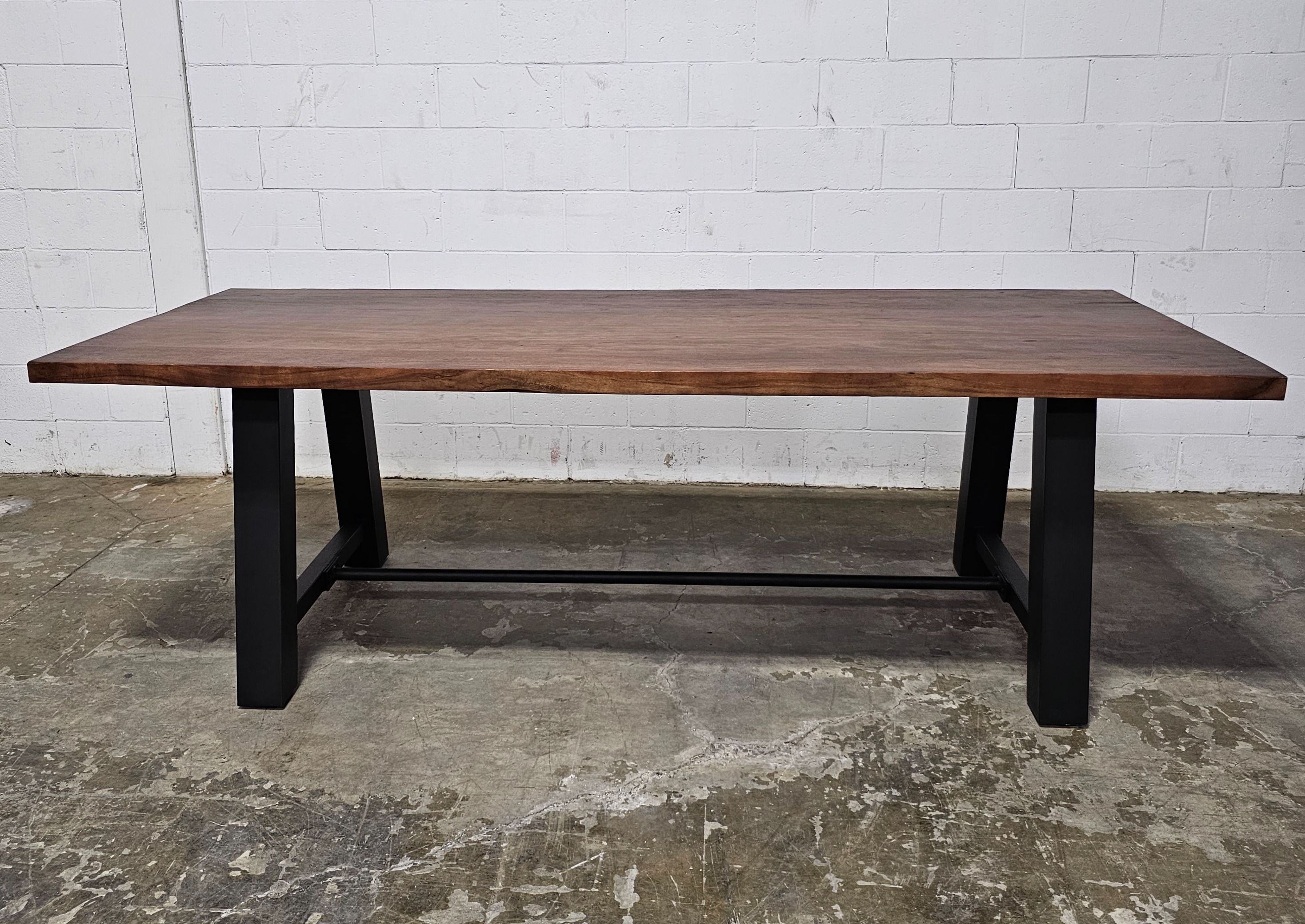 Industrial dining table workbench style black steel leg with acacia top