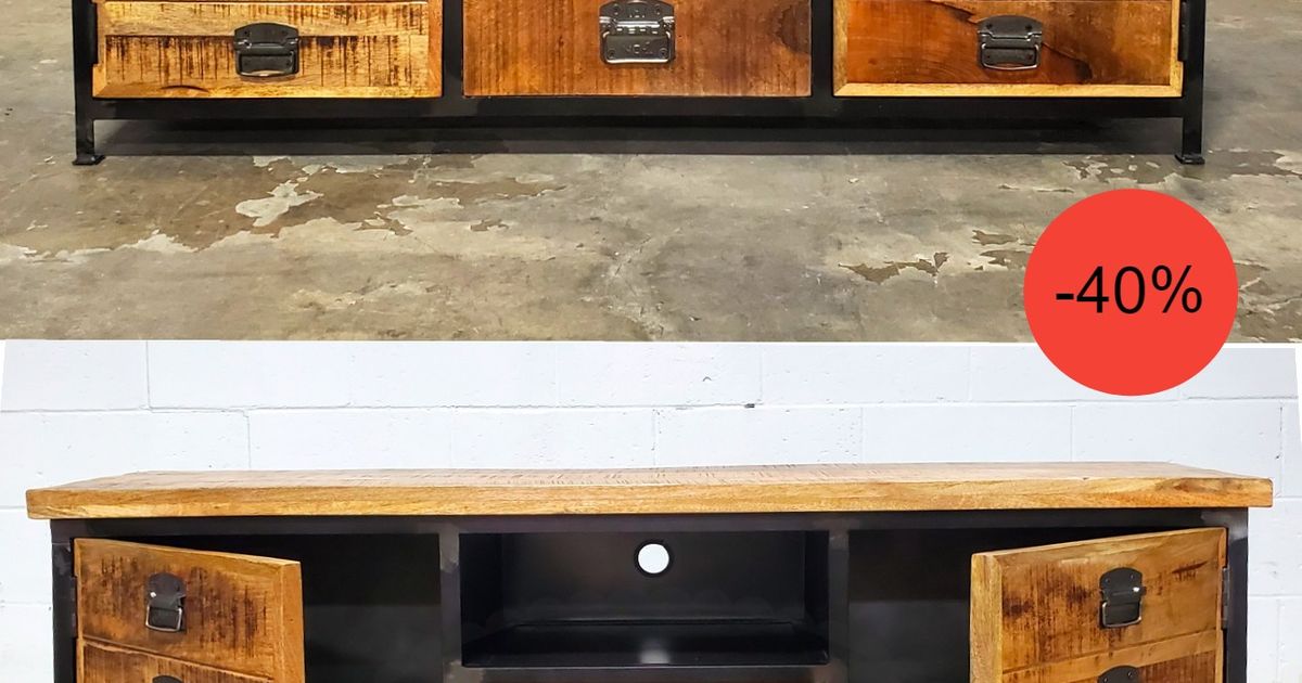 Mango wood and steel TV stand with central drawers