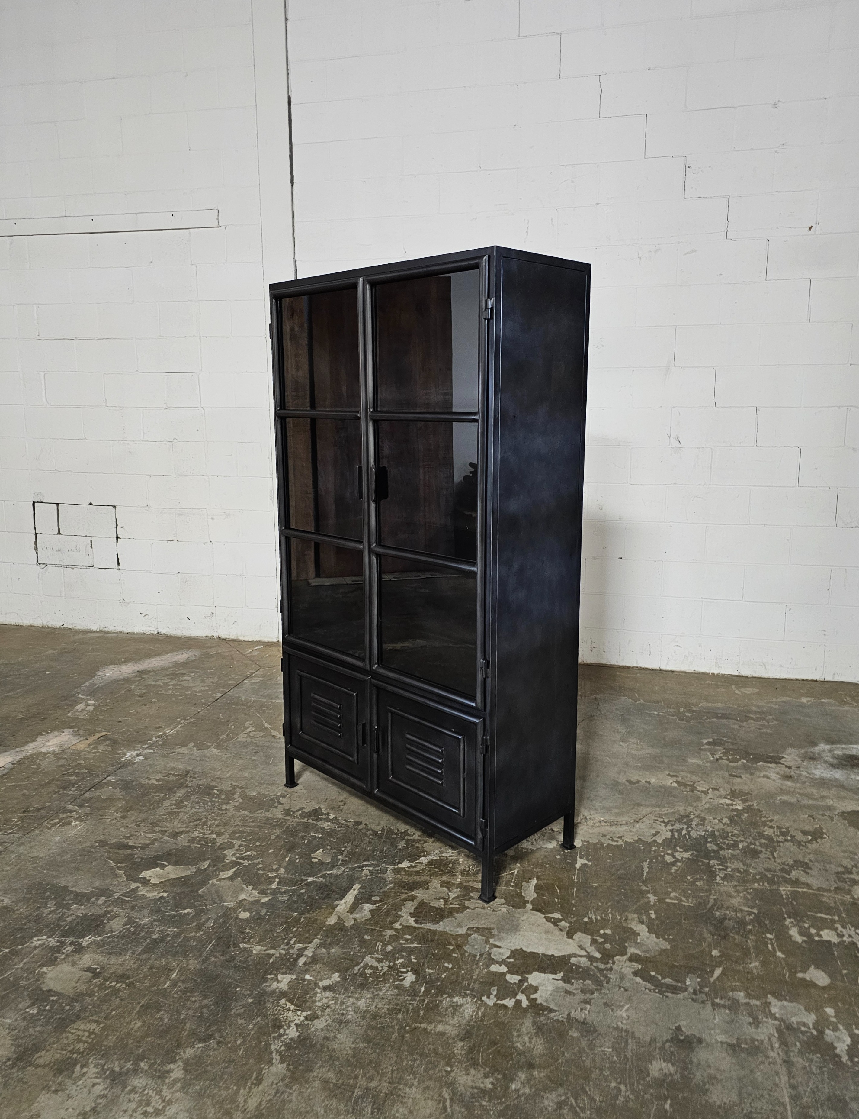 Vintage Black Iron Display Cabinet with Glass Door and locker style doors