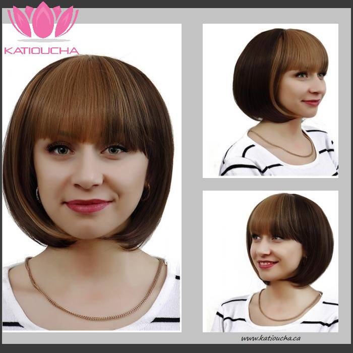 Brown with Blonde Highlights Medium Short Lenght Straight Hair Full Wi